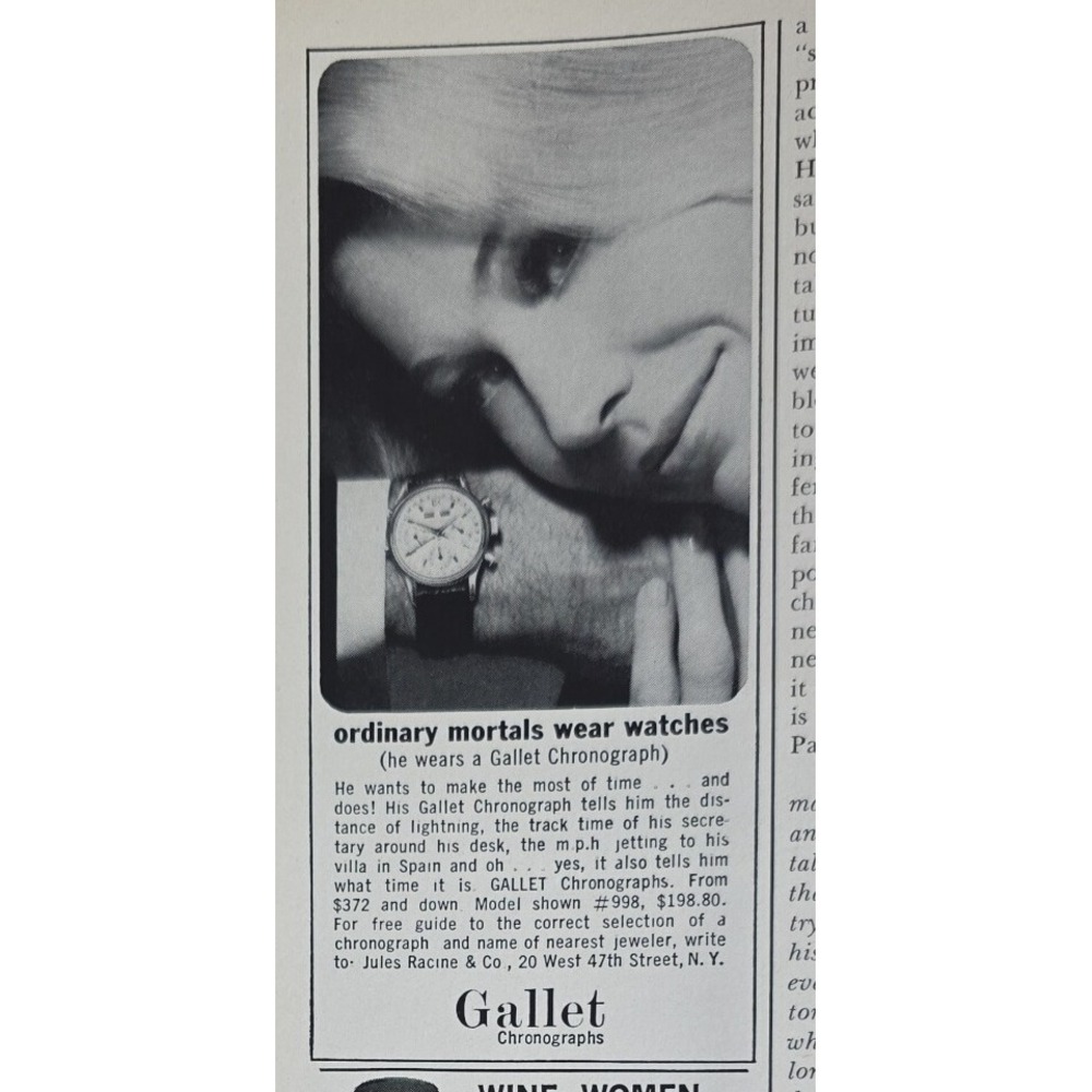 Vintage 1964‎ Gallet Chronograph Watch Print Ad Jules Racine & Co